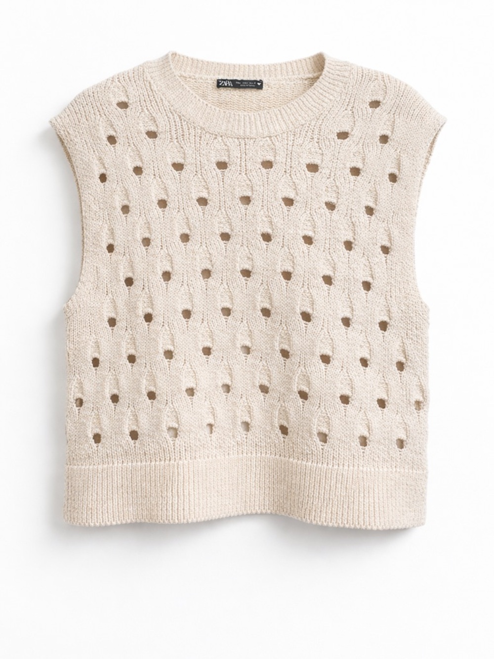 ZARA Cream Open Knit Sweater Vest Boho Crochet Pointelle Sleeveless Top S/M - Picture 2 of 5